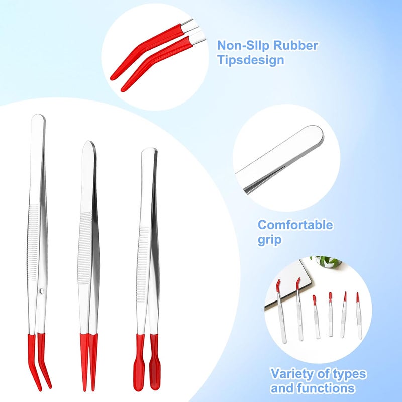 Resflyar 6 PCS Tweezers with Rubber Tips Set, PVC Coated Precision Tweezers, Rubber Straight Tip Tweezer Rubbers Flat Tip and Long Bent Tweezer for Craft Jewelry Beads Lab Industrial Stamps, Red - Image 3